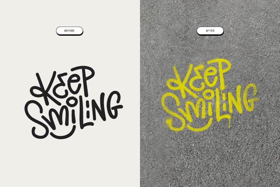 Keep Smiling graffiti text before after mockup yellow spray paint on concrete